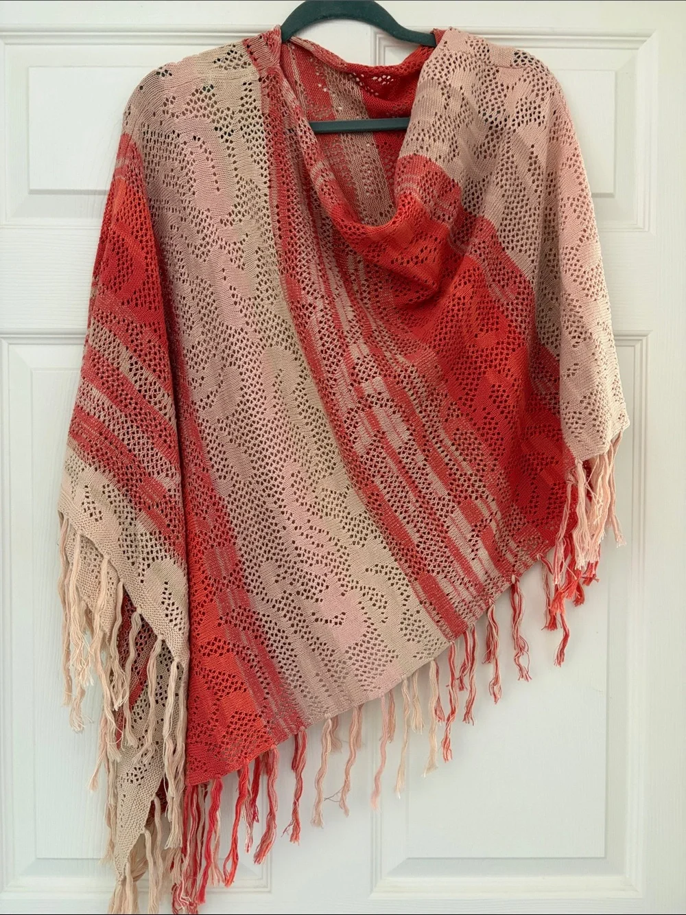 Goddis Lightweight Crochet Fringe Shawl - Peach & Coral